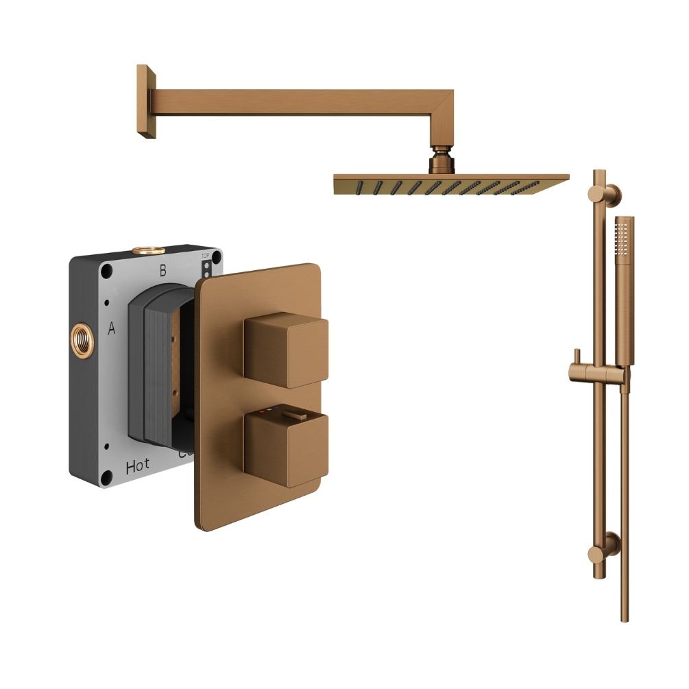 Porduct Cut out image of the Abacus Square Brushed Bronze 2 Outlet Shower Pack with Fixed Head & Slide Rail